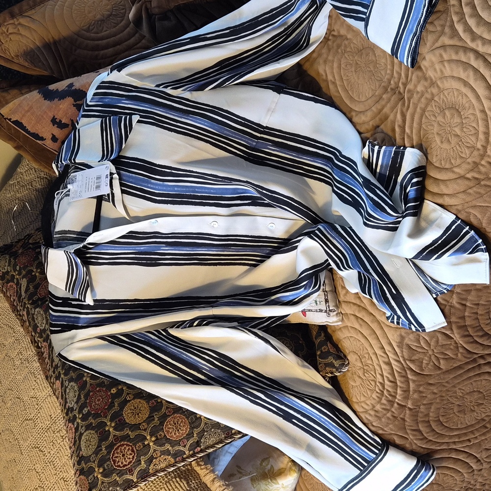 MNG  White and Navy Black Silky Striped Blouse